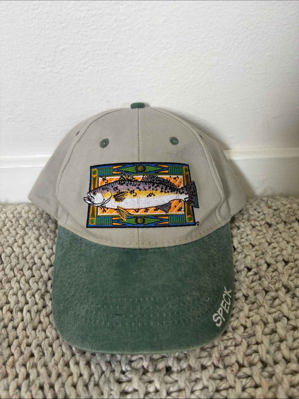 Speck Two-Tone Fish Embroidered Baseball Cap - Green and Beige